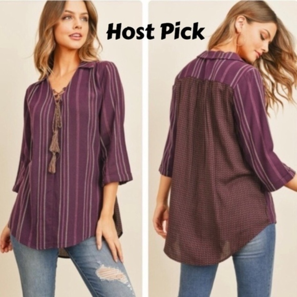 NEW Plum Variegated Jacquard Woven Boho Chic Tunic Top with Tassels